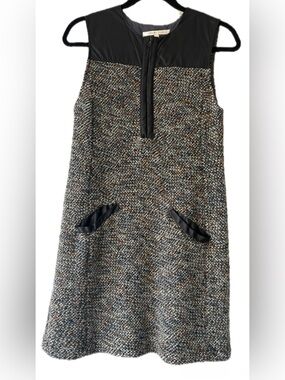 Burning Torch Multicolor Tweed Shift Dress with Black Leather Trim